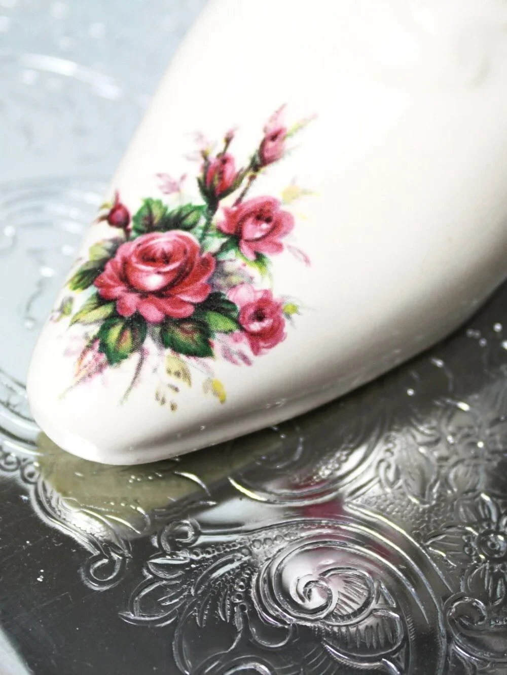 Vintage Ceramic Boot Vase Floral Roses Victorian Style Ladies Boot Cottagecore